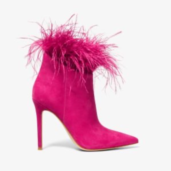 New! MICHAEL KORS Ostrich Feather Trim Suede Ankle Boot, Deep Fuchsia, Size 8.5 - Picture 3 of 8